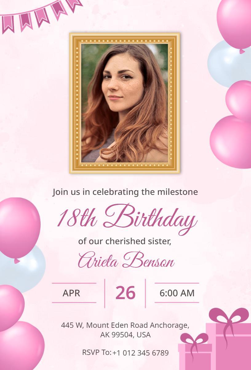 Charming Pink Floral 18th Birthday Photo Invitation Template