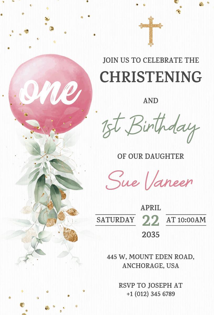 Charming Pink Floral Christening Birthday Celebration Invitation Template