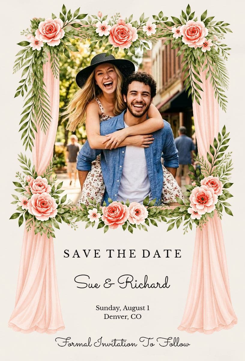 Charming Pink Floral couple's Save The Date Announcement Template