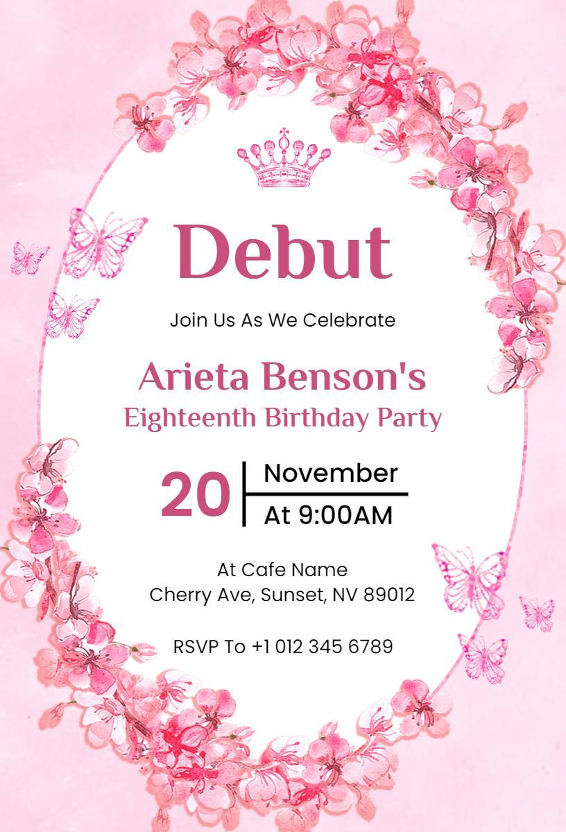 Charming Pink Floral Eighteenth Birthday Celebration Invitation Template