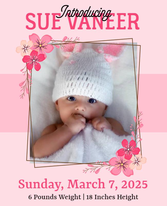 Charming Pink Floral Newborn Announcement Poster Template