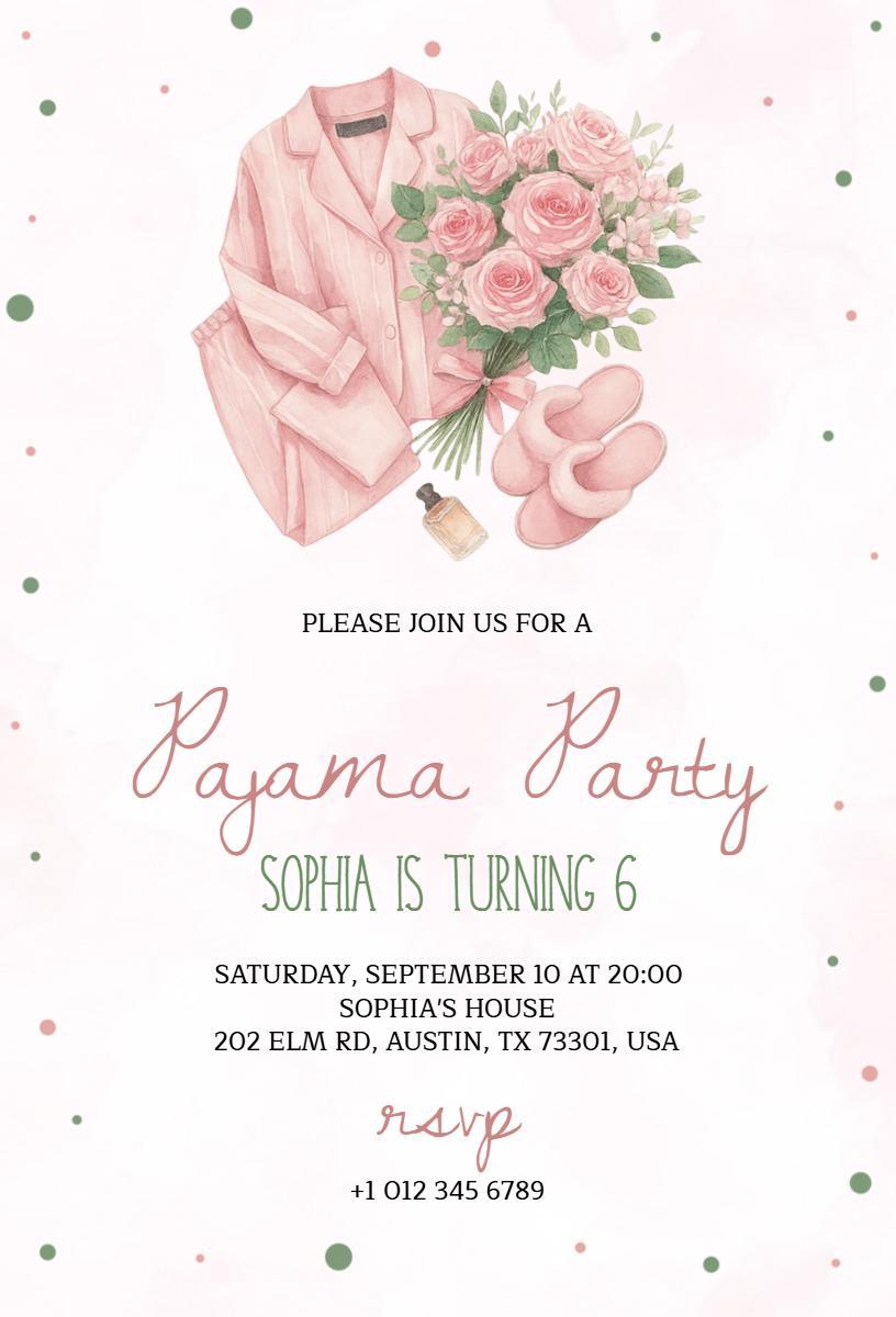 Charming Pink Floral Pajama Party Birthday Invitation Template