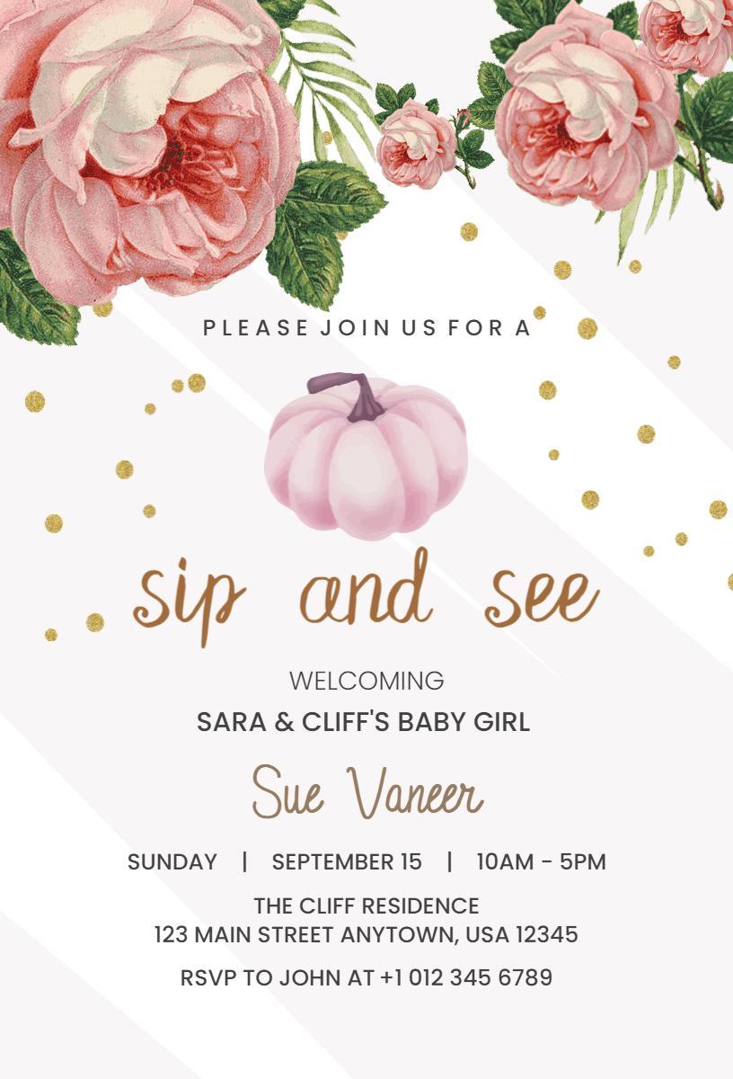 Charming Pink Floral Sip & See Baby Girl Celebration Invitation Template