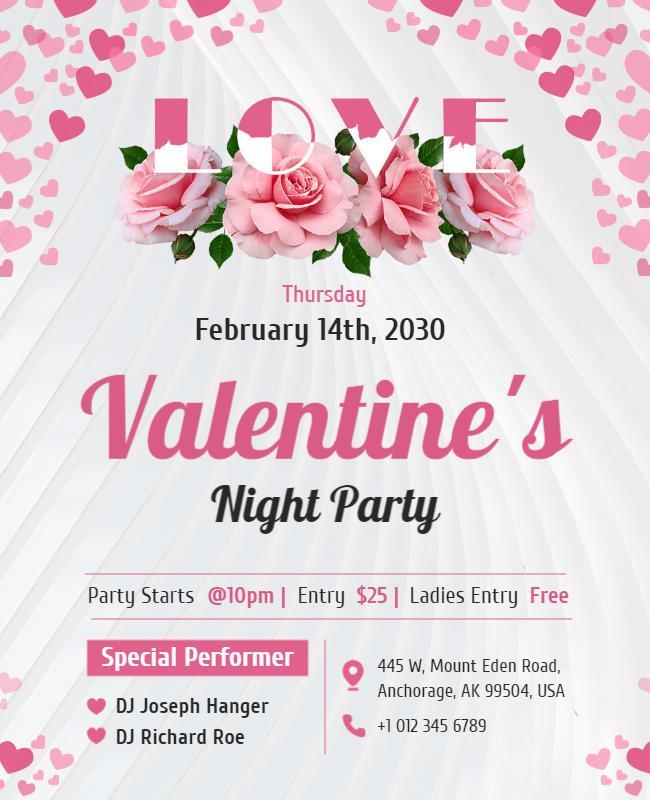 Charming Pink Floral Valentine's Night Party Poster Template