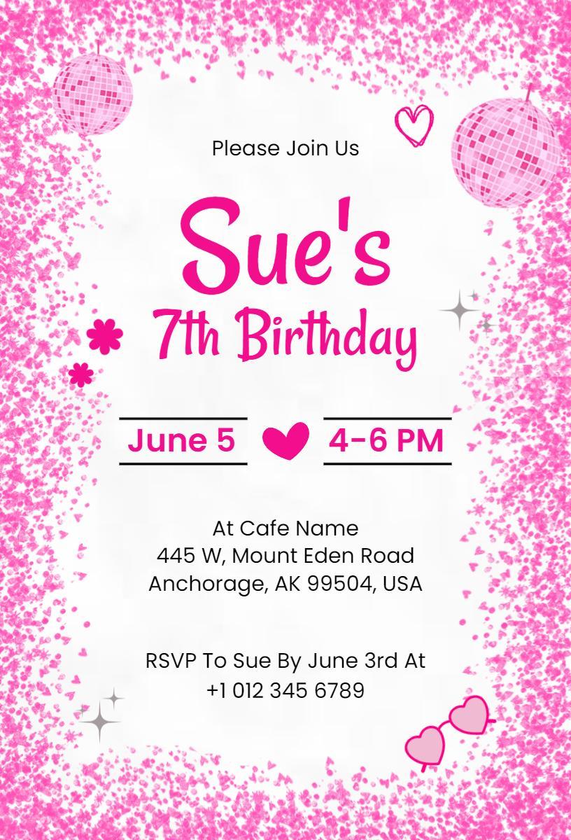 Charming Pink Glittery 7th Birthday Celebration Invitation Template