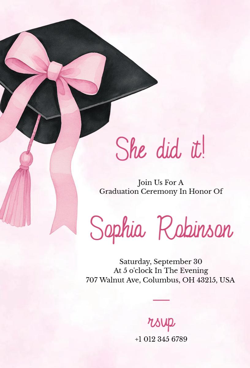 Charming Pink Graduation Ceremony Celebration Invitation Template