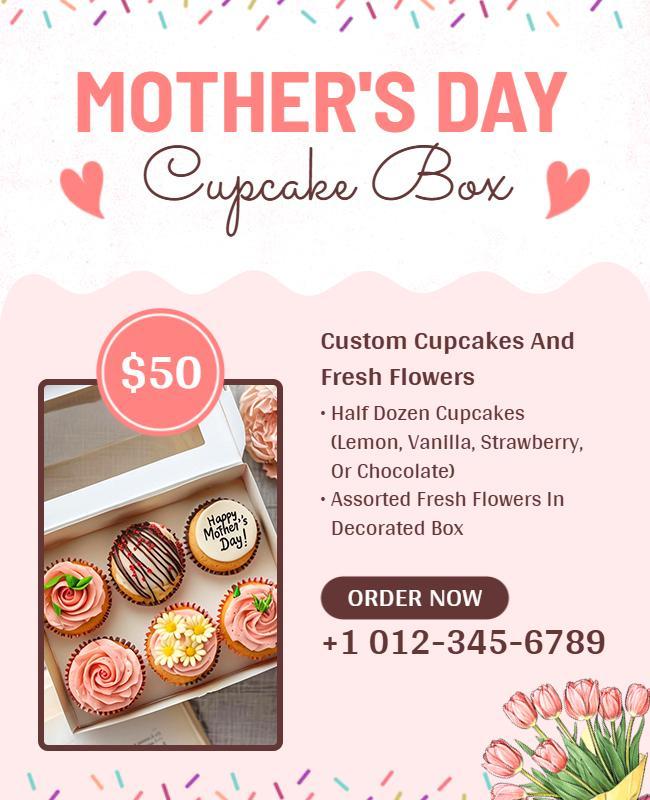 Charming Pink Mother's Day Cupcake Box Offer Poster Template