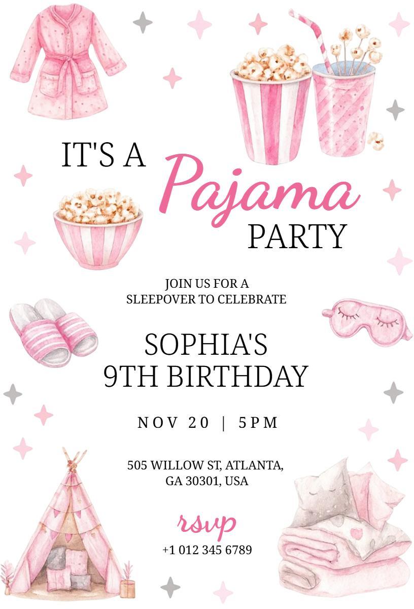 Charming Pink Pajama Party Birthday Celebration Invitation Template