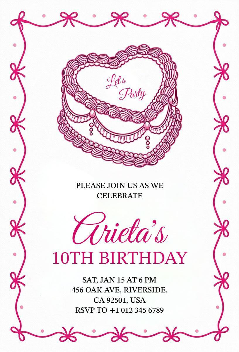 Charming Pink Party Celebration 10th Birthday Invitation Template