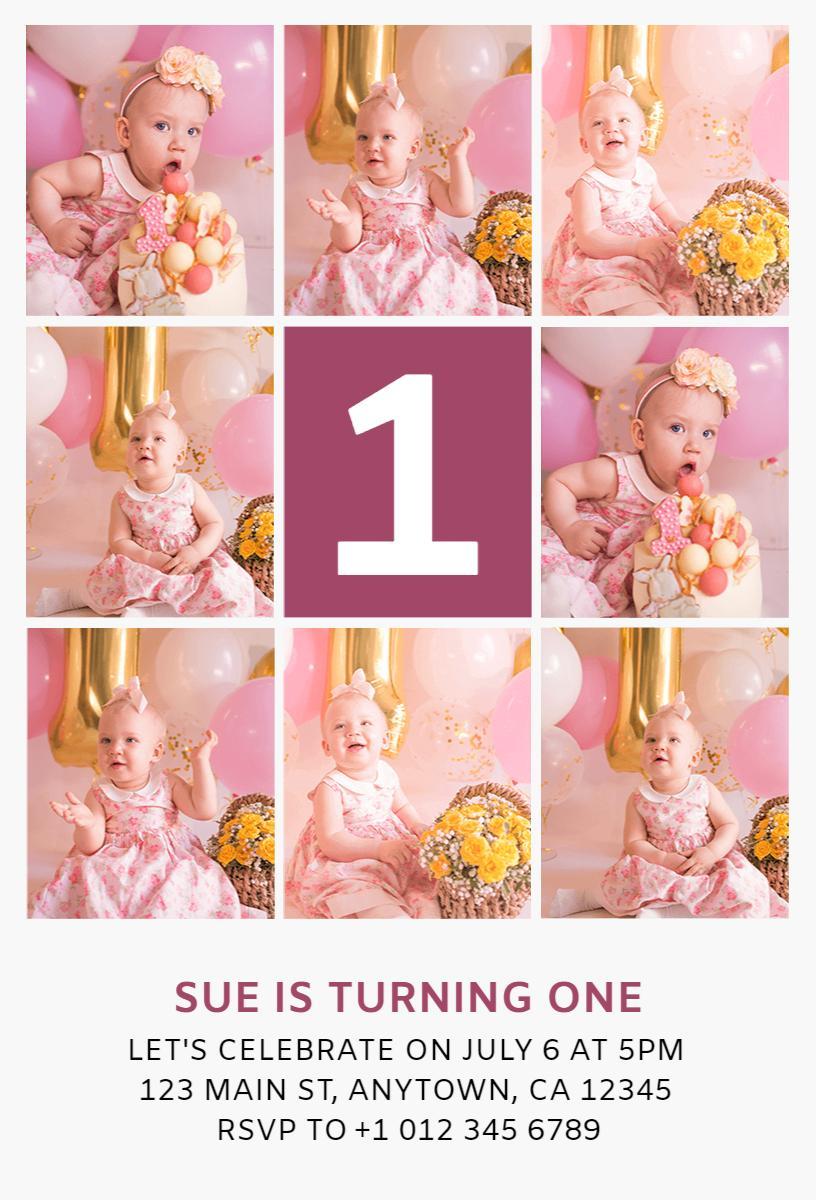Charming Pink Photo First Birthday Celebration Invitation Template