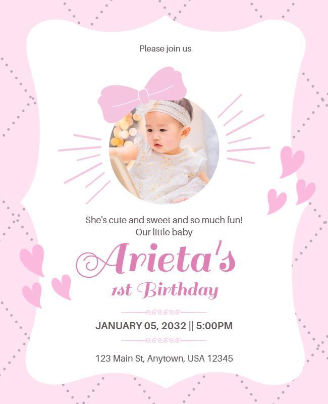 Charming Pink Princess First Birthday Celebration Poster Template