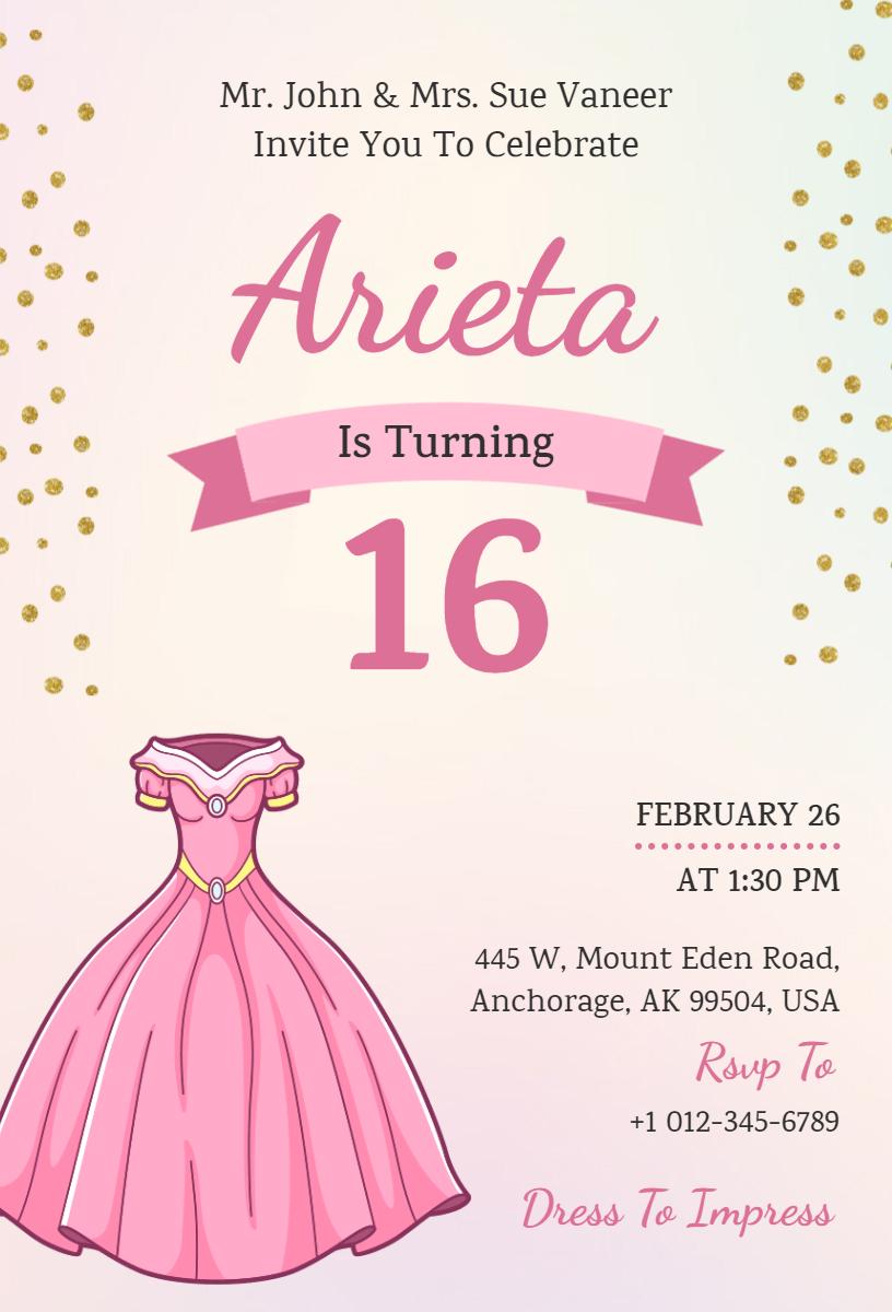 Charming Pink Princess Sweet 16 Birthday Celebration Invitation Template