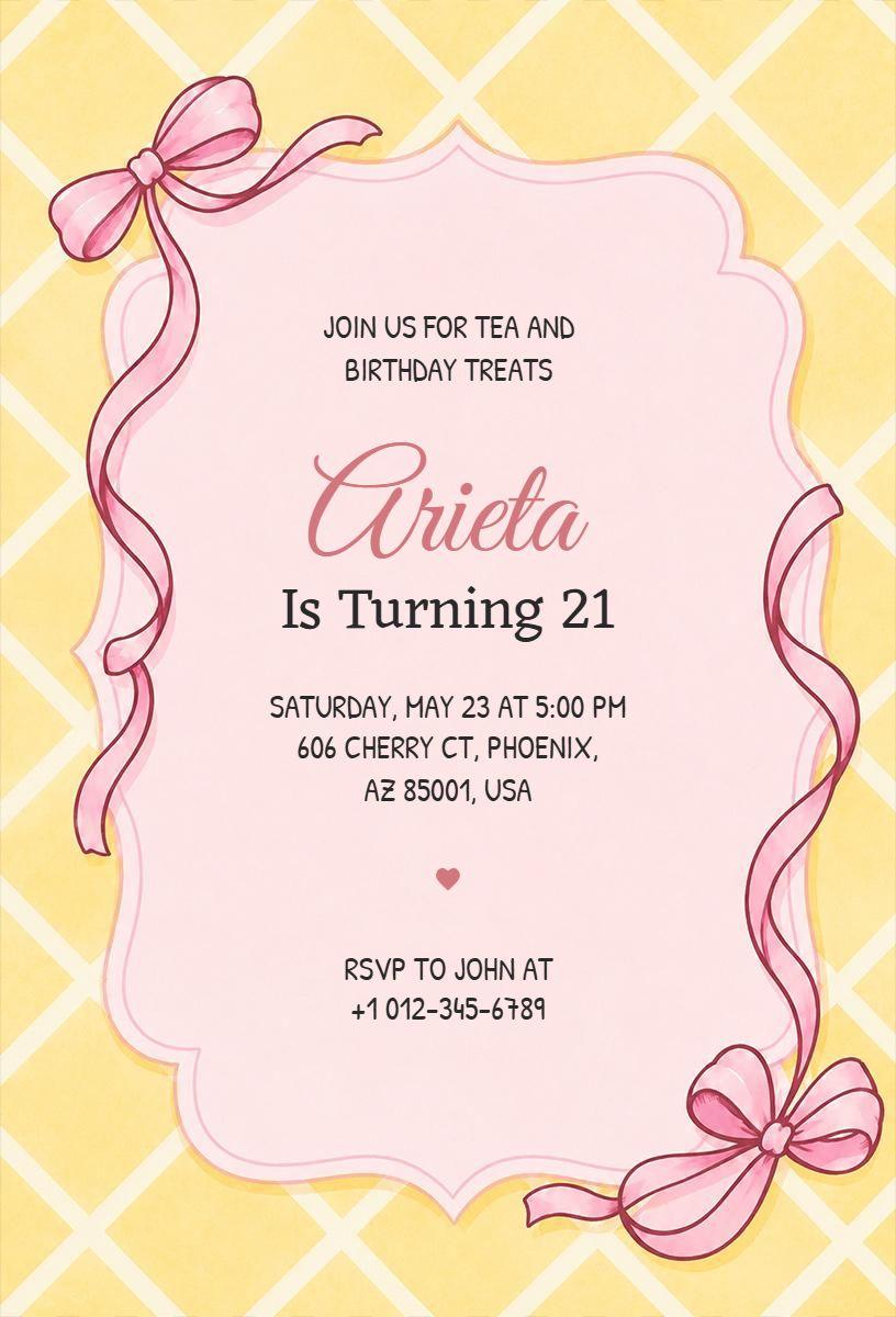 Charming Pink Ribbon 21st Birthday Celebration Invitation Template