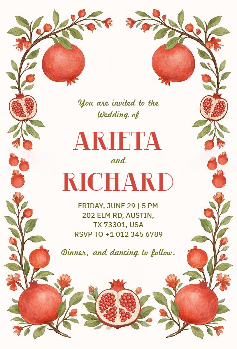 Charming Pomegranate Floral Wedding Celebration Invitation Template