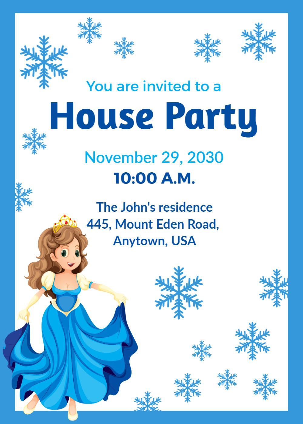 Charming Princess Winter House Party Kids Birthday Invitation Template