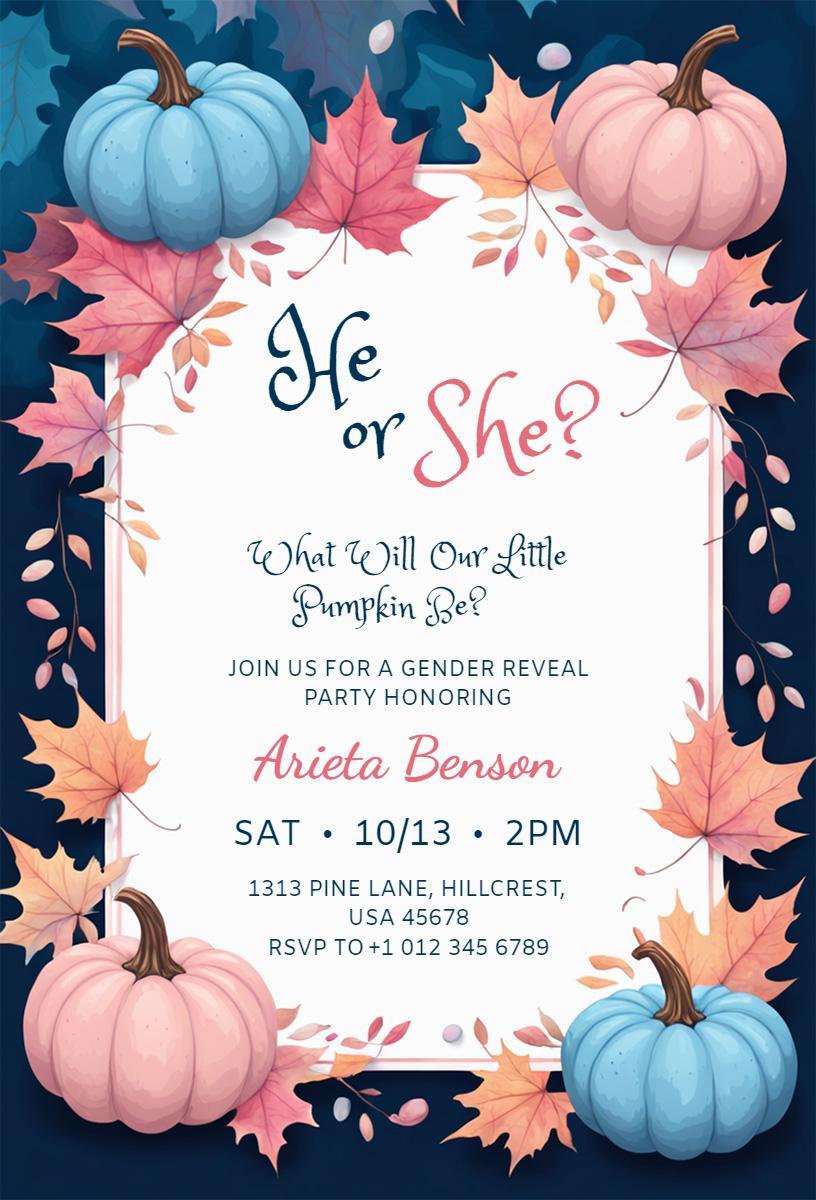 Charming Pumpkin Theme Gender Reveal Celebration Invitation Template