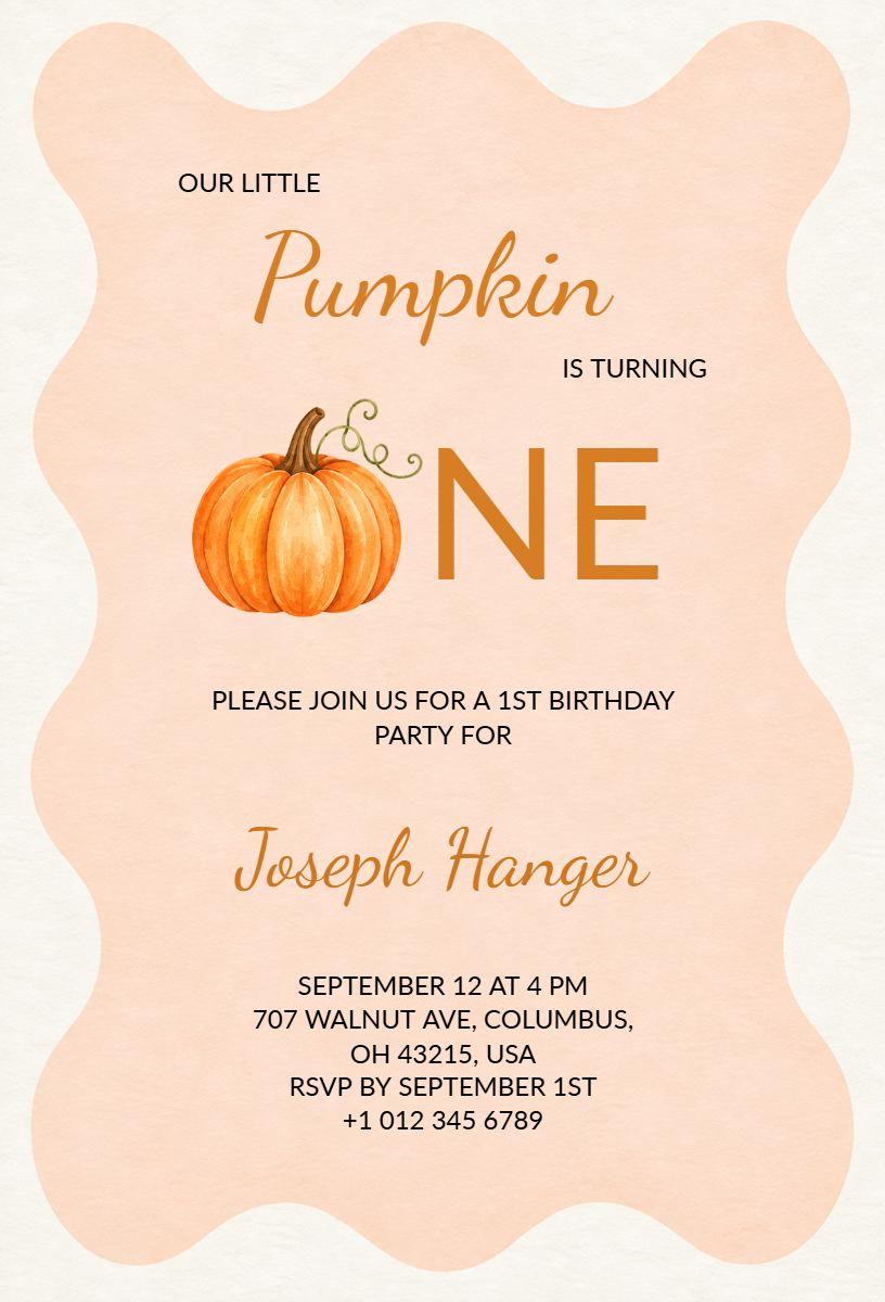 Charming Pumpkin Themed First Birthday Celebration Invitation Template