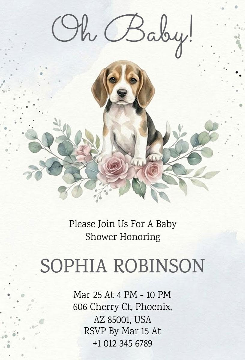 Charming Puppy Floral Design Baby Shower Invitation Template