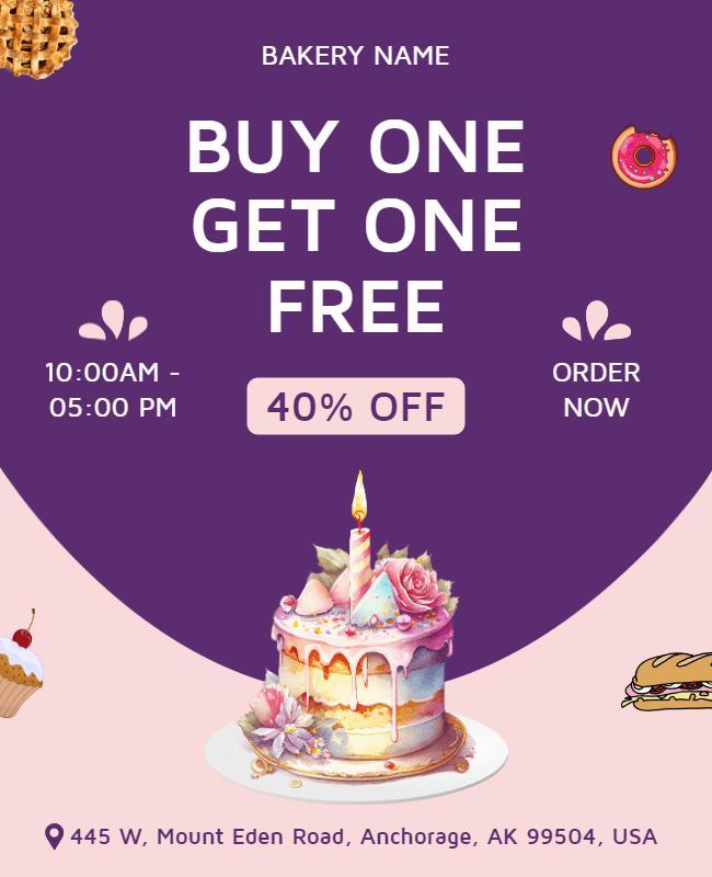 Charming Purple Bakery Buy One Get One Free Offer Poster Template