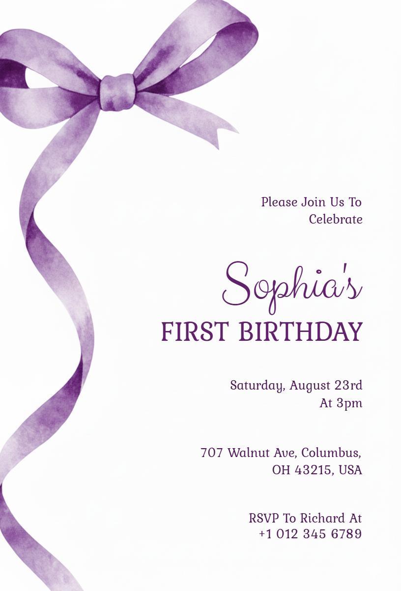 Charming Purple Bow First Birthday Celebration Invitation Template