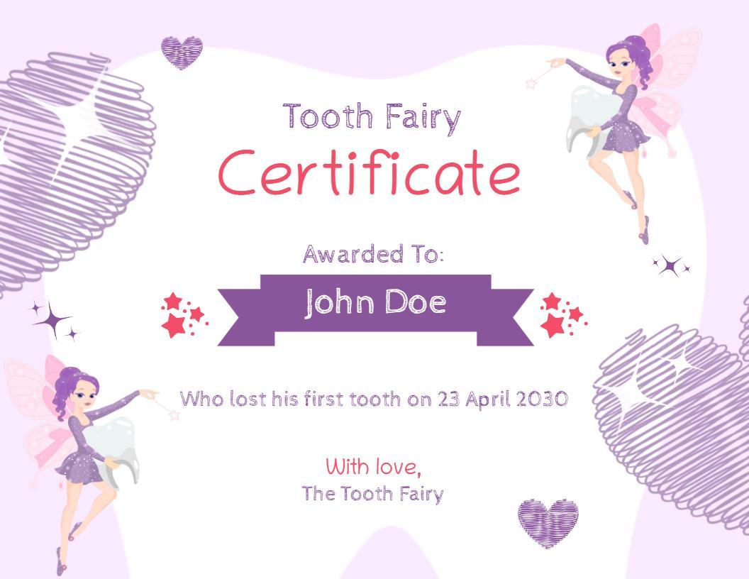 Charming Purple Tooth Fairy Milestone Celebration Certificate Template