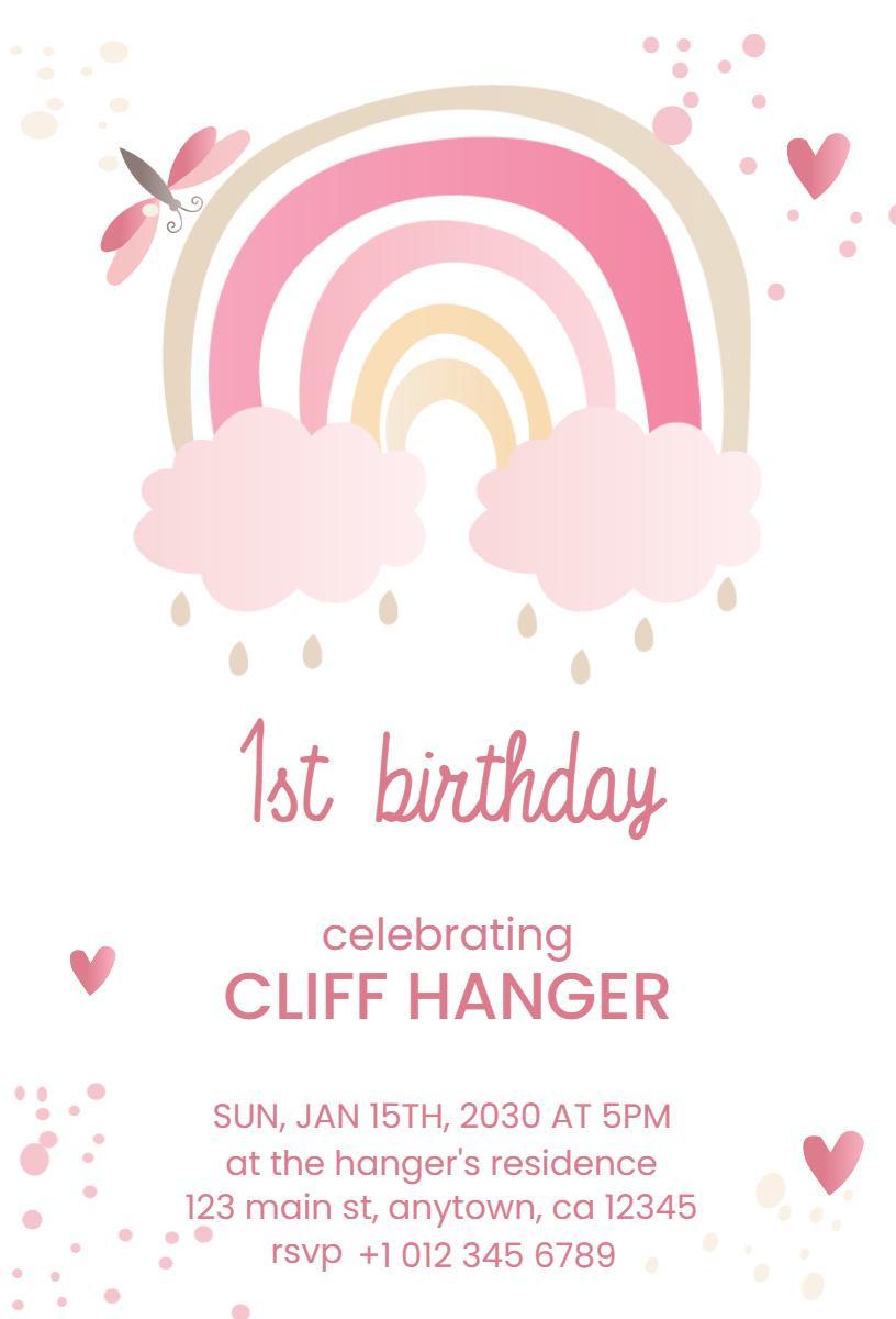 Charming Rainbow Pink 1st Birthday Celebration Invitation Template