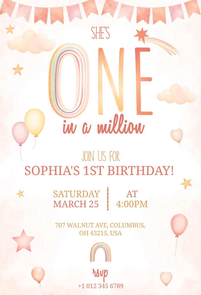 Charming Rainbow Theme 1st Birthday Celebration Invitation Template