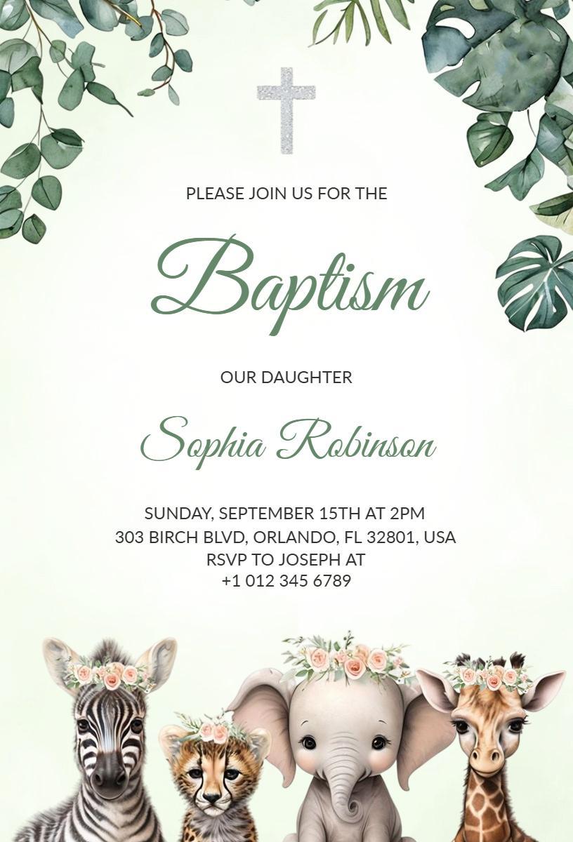 Charming Safari Animal Baptism Celebration Invitation Template
