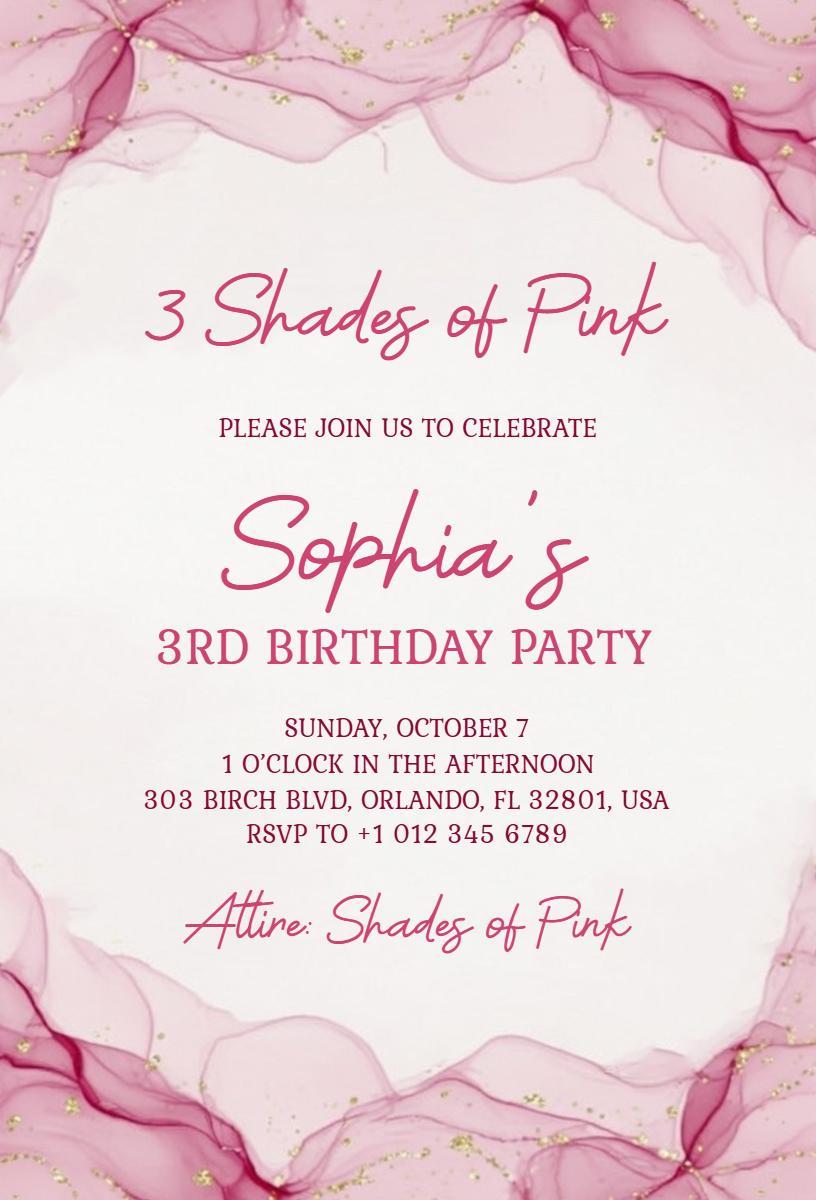 Charming Shades of Pink Third Birthday Celebration Invitation Template