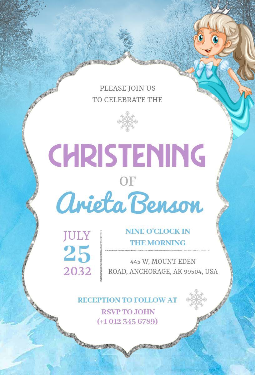 Charming Snowflake Theme Christening Celebration Invitation Template
