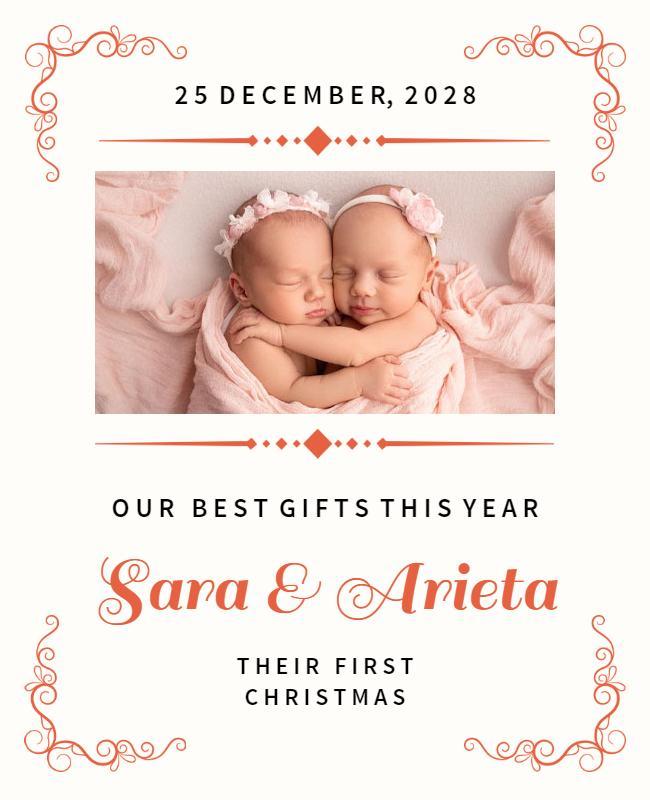 Charming Soft Pink Twin Baby's First Christmas Poster Template