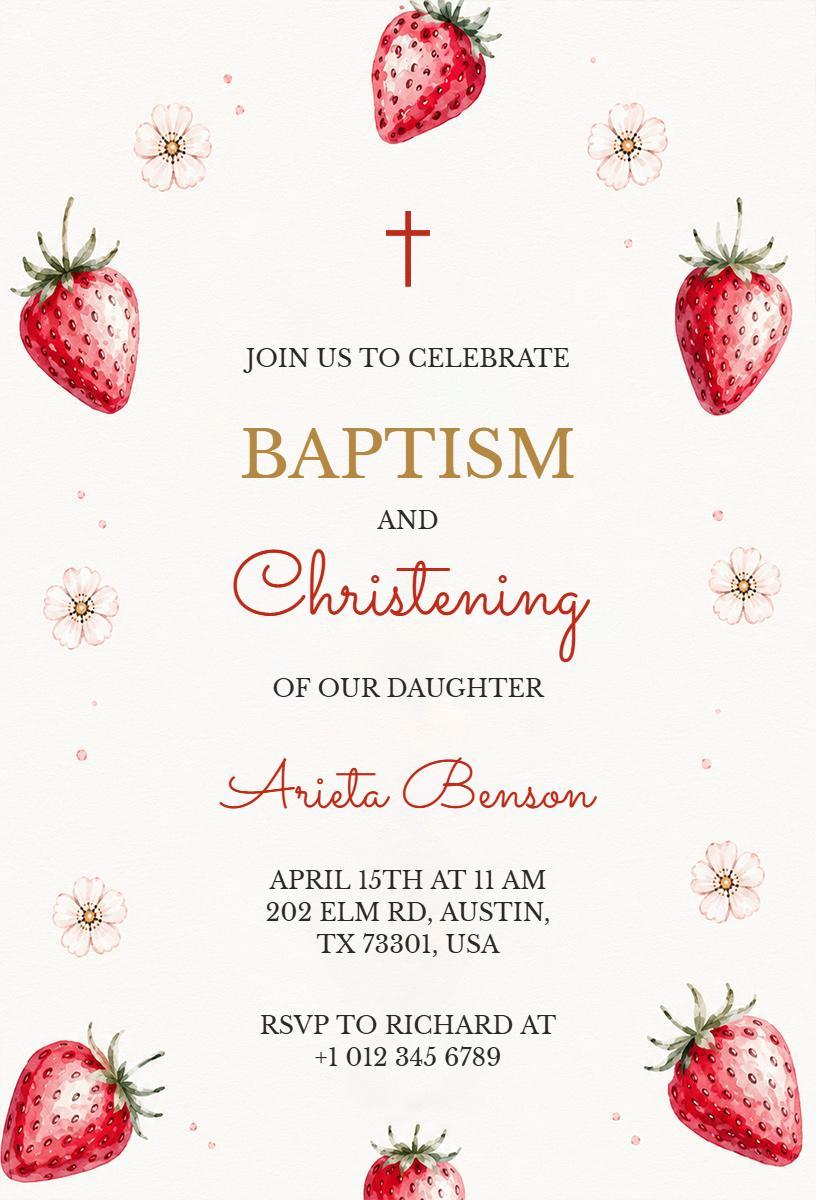 Charming Strawberry Floral Baptism Celebration Invitation Template