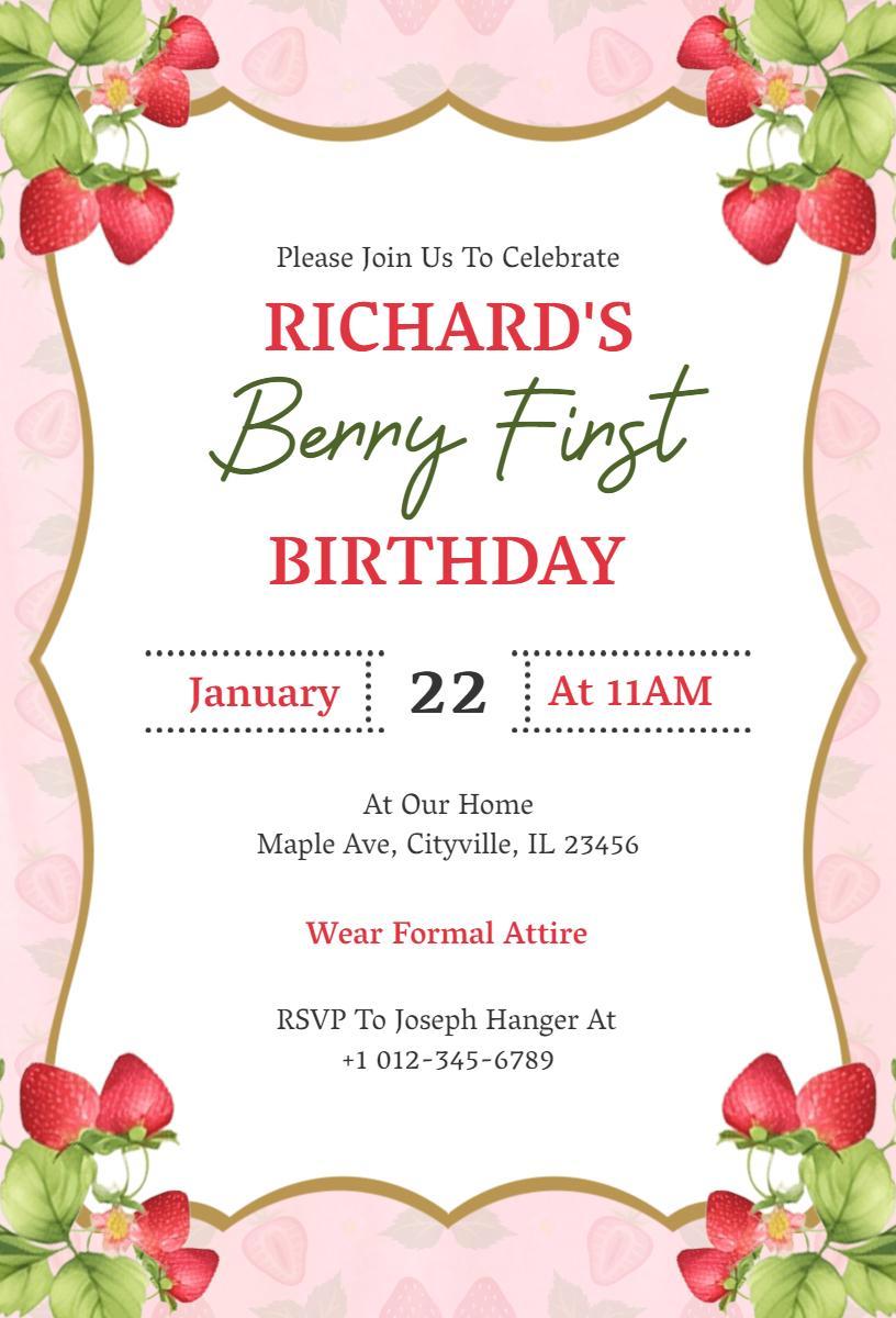Charming Strawberry Themed First Birthday Celebration Invitation Template