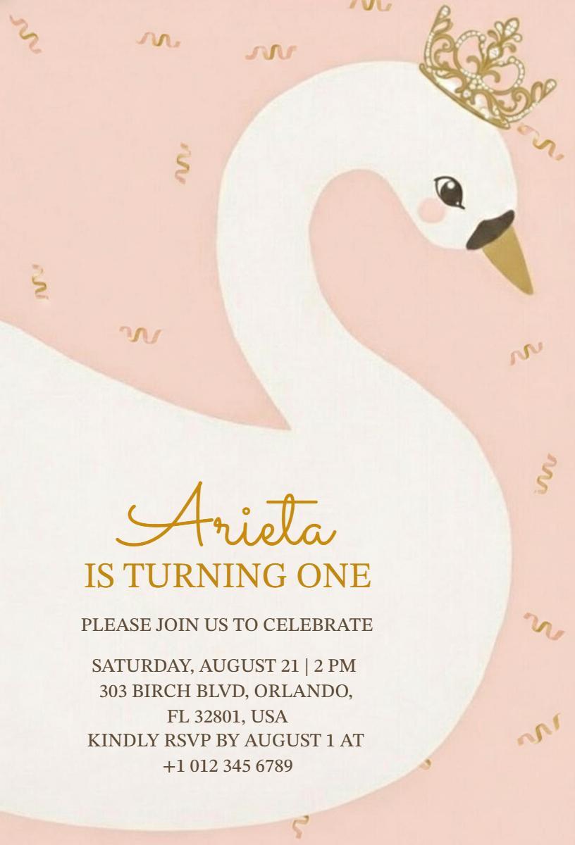 Charming Swan Princess 1st Birthday Celebration Invitation Template
