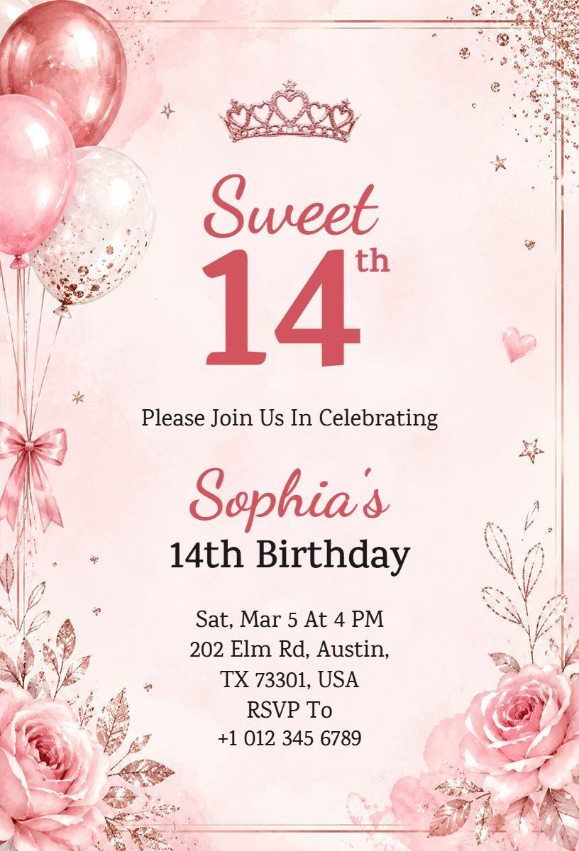 Charming Sweet 14th Birthday Celebration Invitation Template