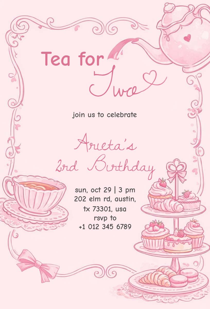 Charming Tea Party 2nd Birthday Celebration Invitation Template