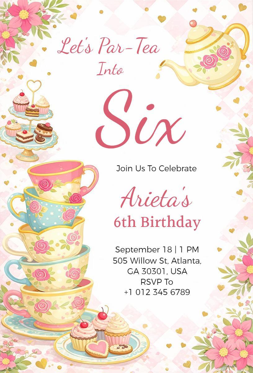 Charming Tea Party 6th Birthday Celebration Invitation Template
