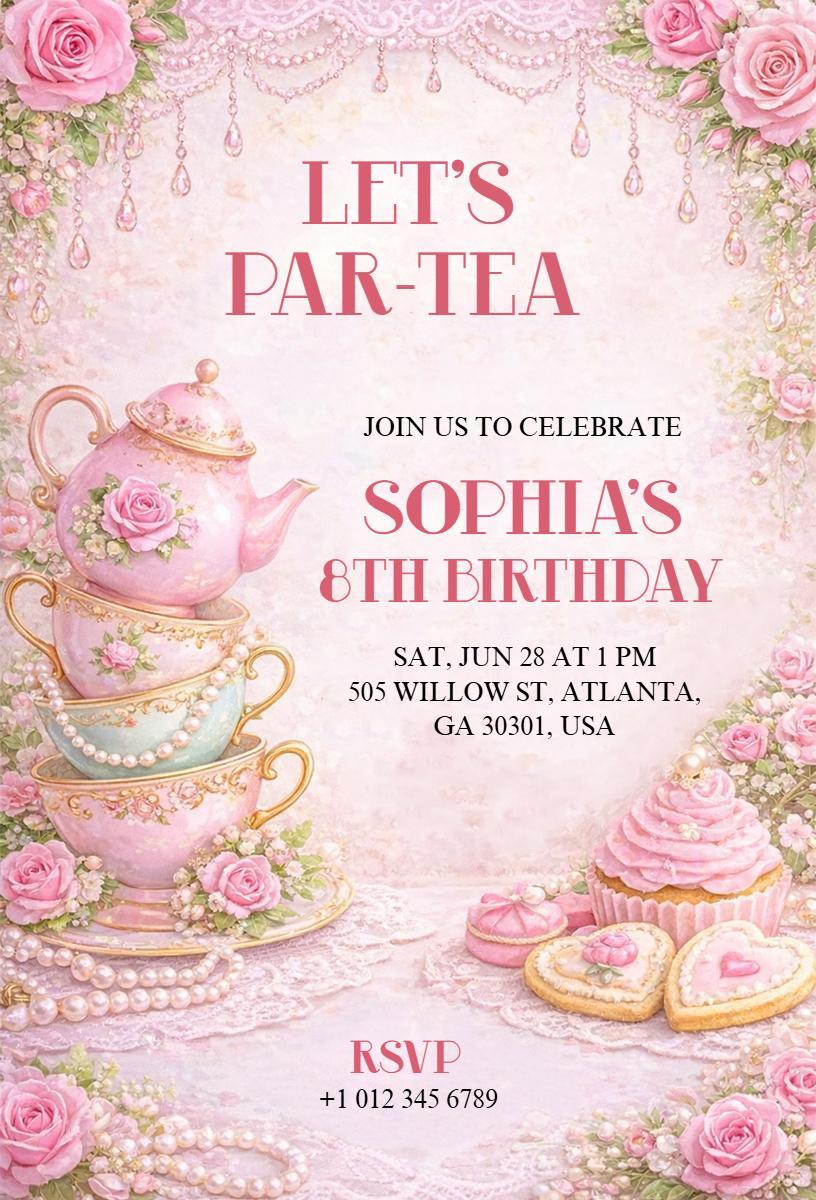 Charming Tea Party Celebration 8th Birthday Invitation Template