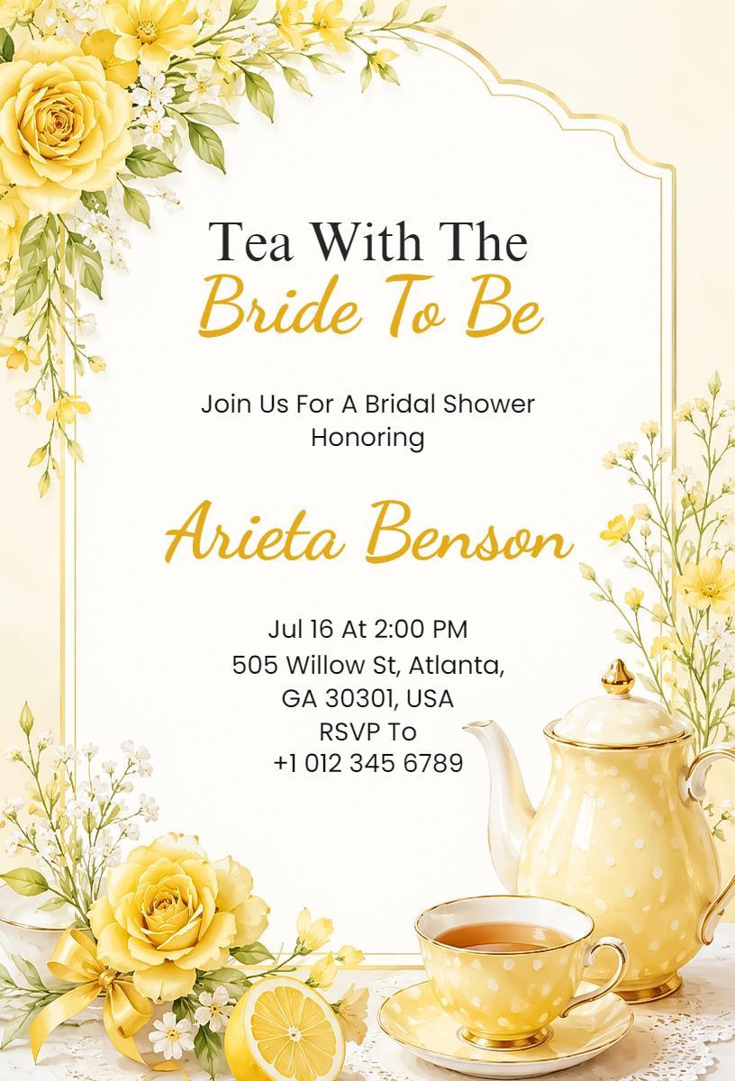 Charming Tea Party Yellow Floral Bridal Shower Invitation Template