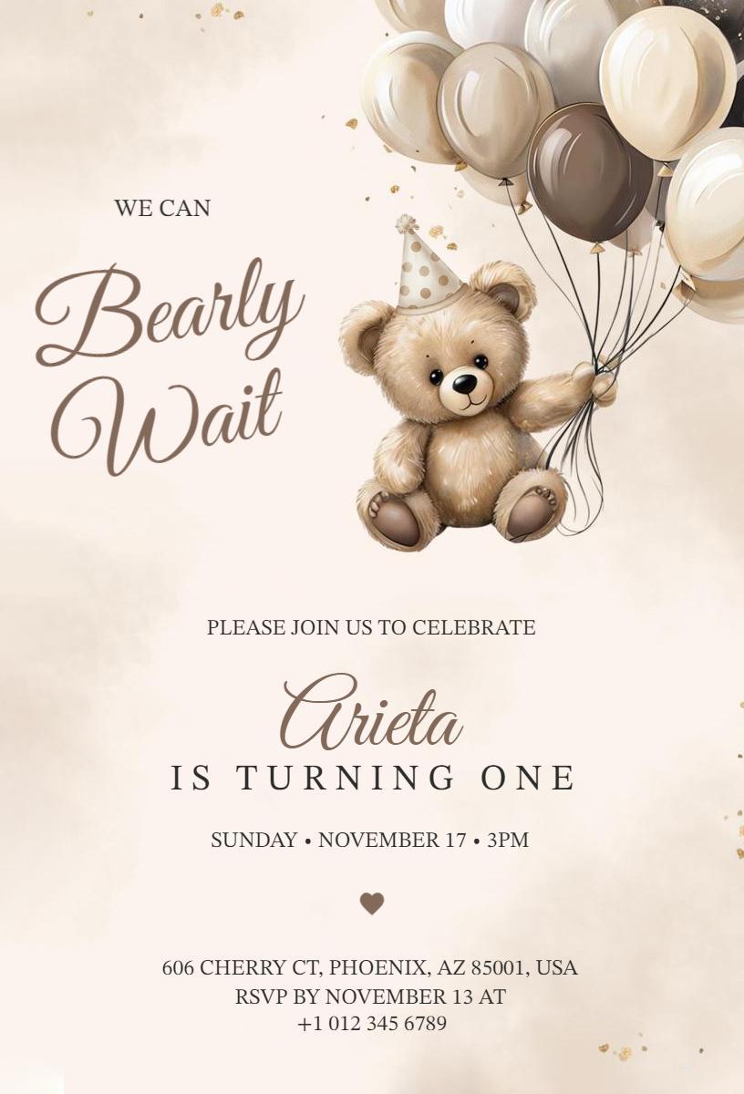 Charming Teddy Bear 1st Birthday Celebration Invitation Template