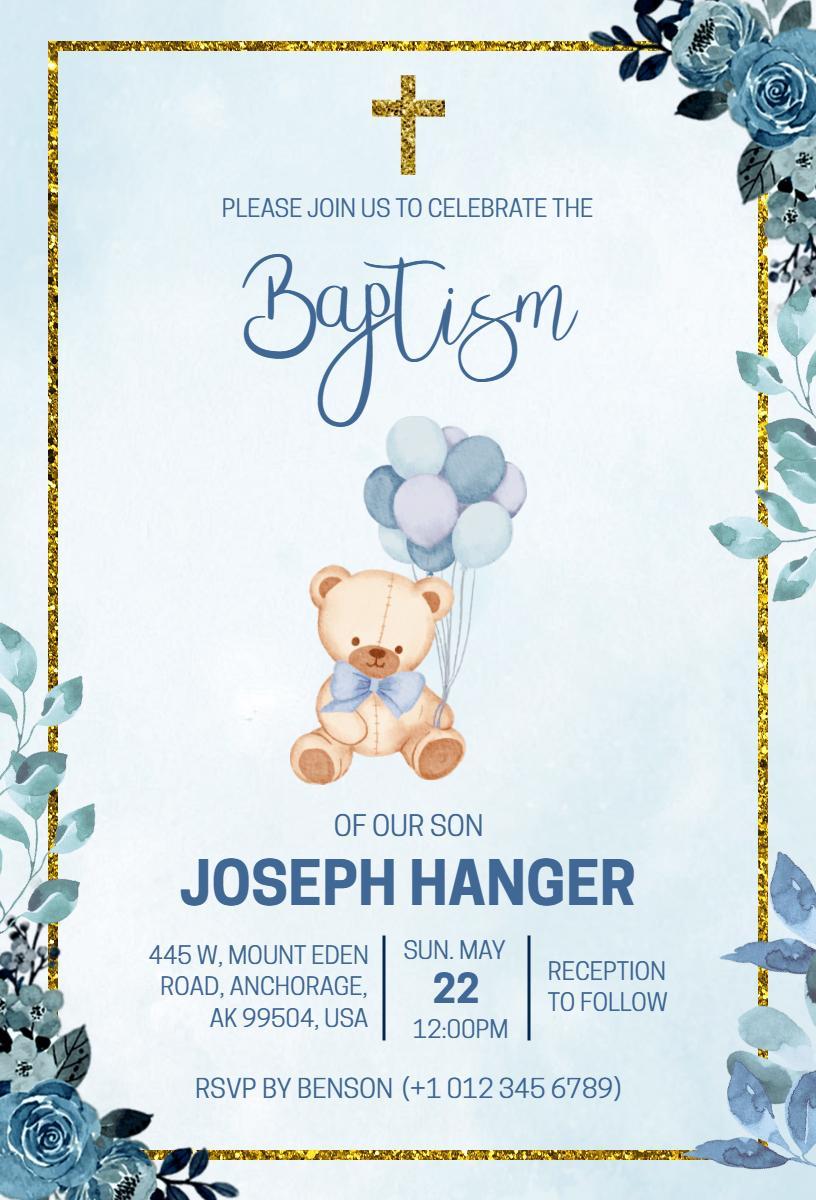 Charming Teddy Bear Blue Baptism Celebration Invitation Template