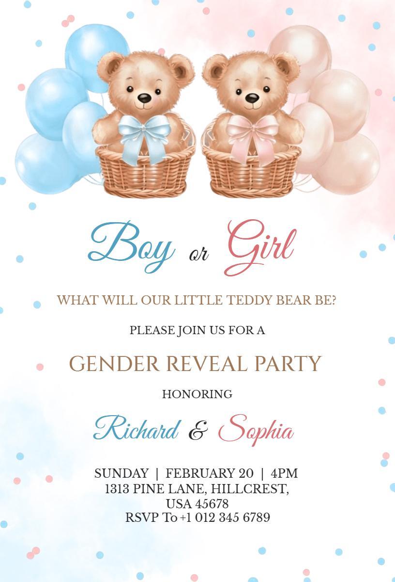 Charming Teddy Bear Gender Reveal Party Invitation Template
