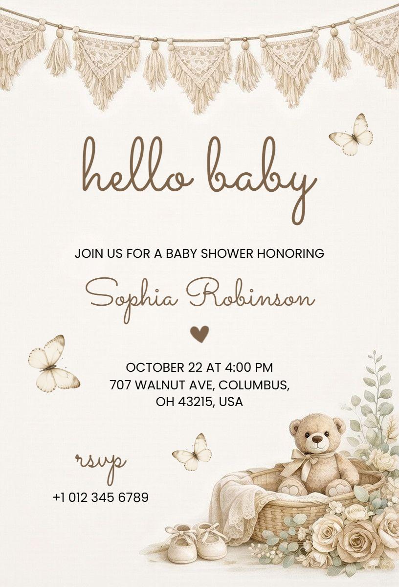 Charming Teddy Bear Neutral Baby Shower Invitation Template