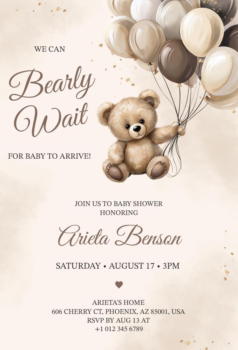 Charming Teddy Bear Theme Baby Shower Celebration Invitation Template