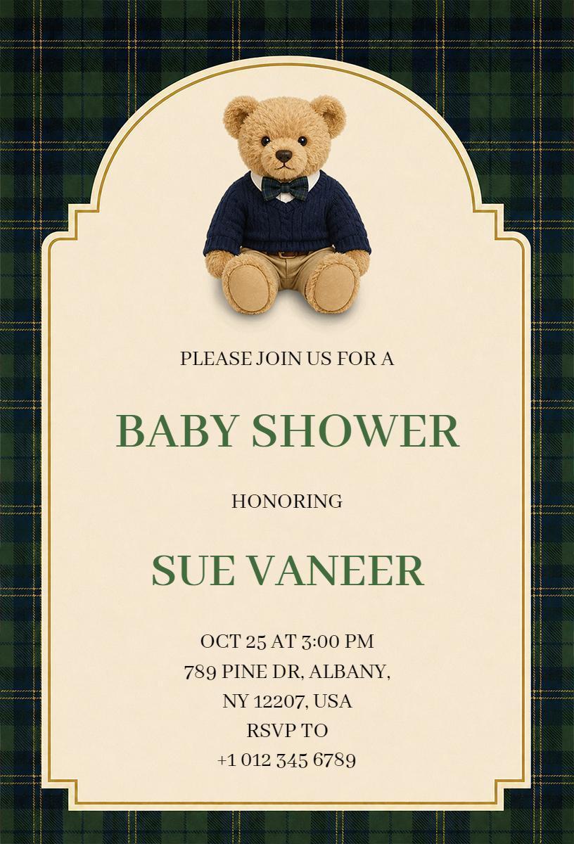 Charming Teddy Bear Theme Baby Shower Invitation Template