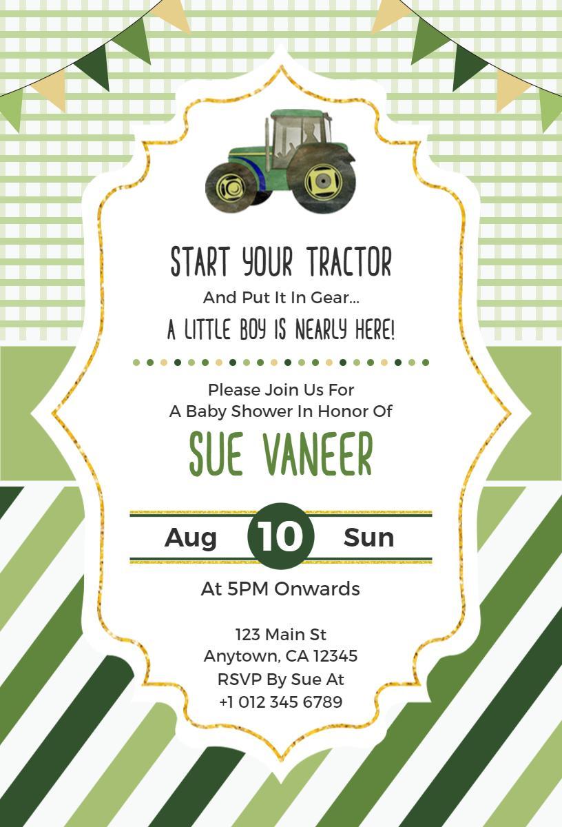 Charming Tractor Theme Baby Shower Celebration Invitation Template