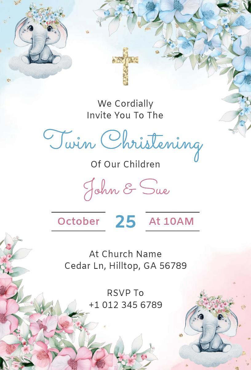 Charming Twin Elephants Christening Celebration Invitation Template