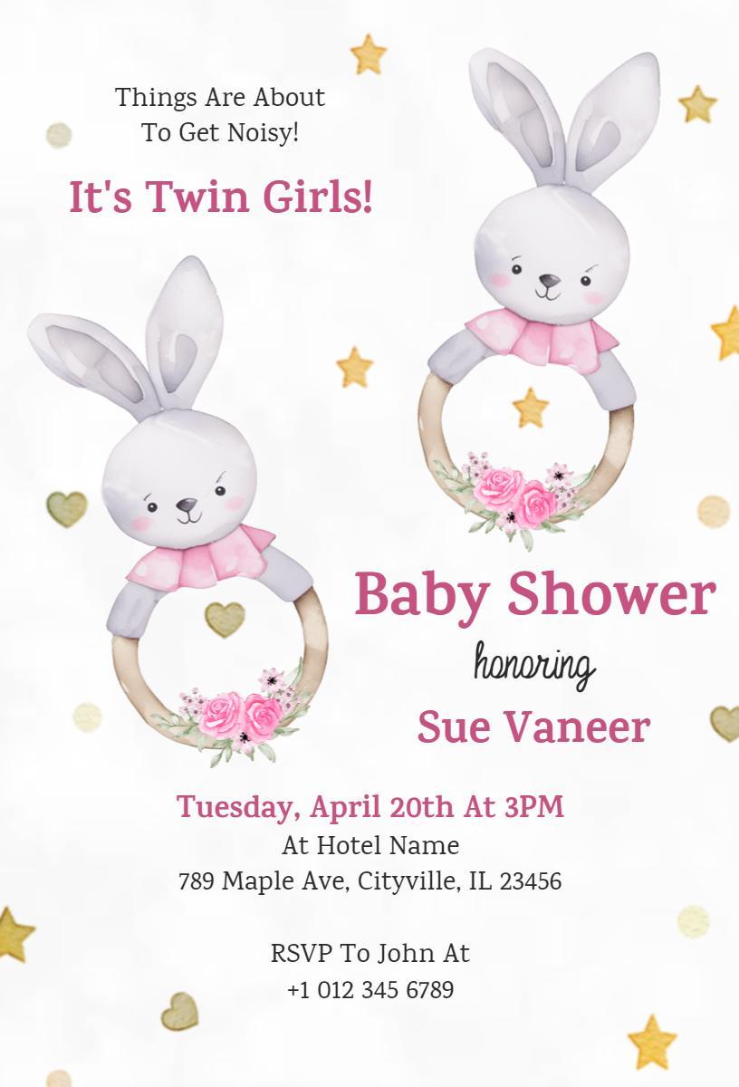 Charming Twin Girls Bunny Theme Baby Shower Invitation Template