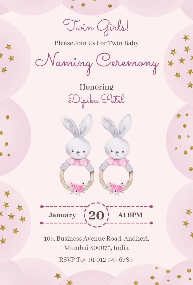 Charming Twin Girls Naming Ceremony Celebration Invitation Template
