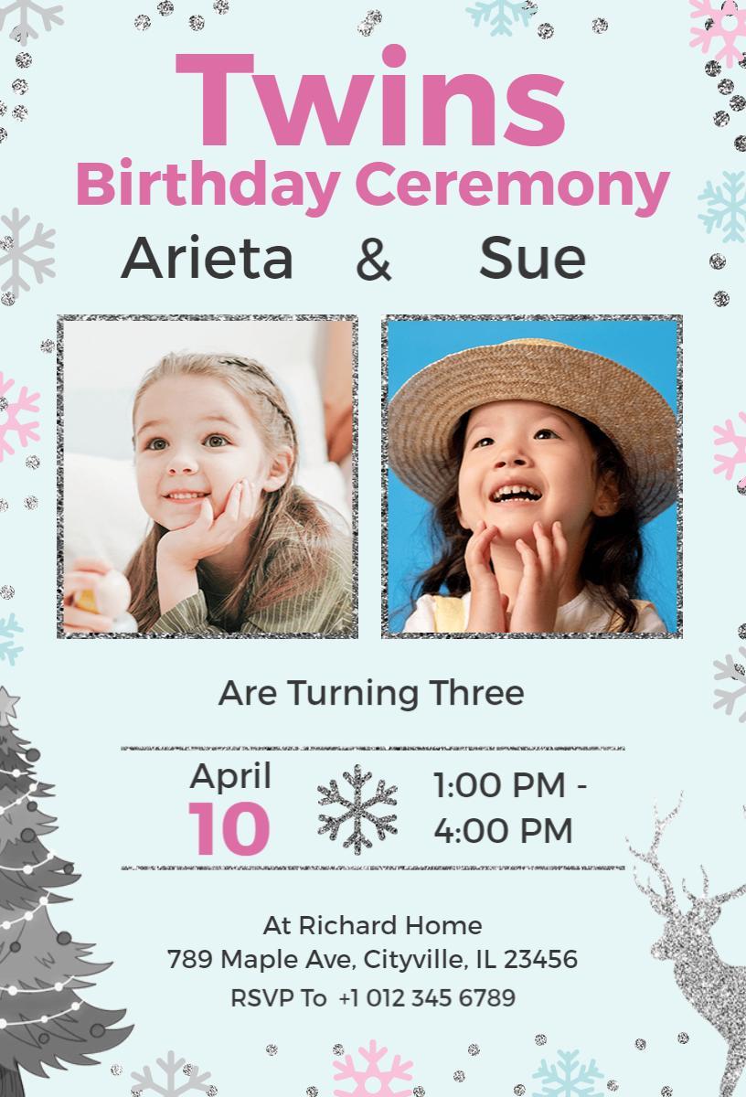 Charming Twins Birthday Celebration Ceremony Invitation Template
